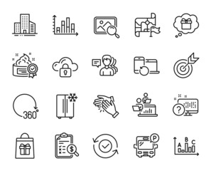 Vector set of Clapping hands, Survey results and Target line icons set. Online quiz, Diagram graph and Buildings icons. Destination flag, Teamwork and Bus parking signs. Vector