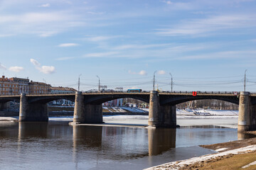 Fototapeta premium New Volga bridge in spring landscape Volga river shore in Tver city