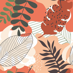 Fototapeta premium Seamless pattern from tropical exotic leaves. A beautiful composition of plants for decorative pillows, fashionable fabrics, interior design. 