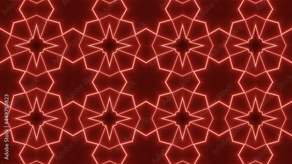 Poster bright red neon lines in symmetric mosaic on a black background. seamless loop motion graphic backdr