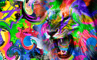 colorful artistic angry lioness with open mouth with bright paint splatters on dark background.