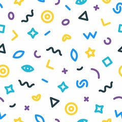 Memphis style seamless pattern. Abstract vector illustration with geometric elements, shapes on white background