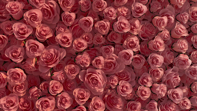Red Flowers arranged to create a Beautiful wall. Colorful, Elegant Background formed from Vibrant Roses. 3D Render