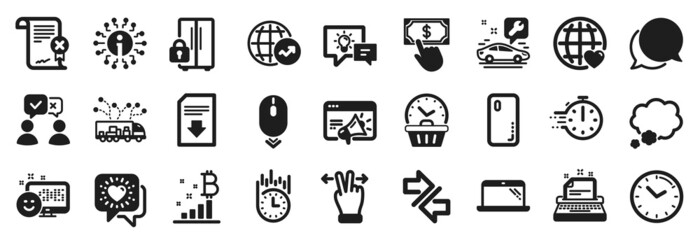 Set of Technology icons, such as Payment click, Touchscreen gesture, Car service icons. Laptop, International love, Truck delivery signs. Seo marketing, People voting, Info. Smile, Time. Vector