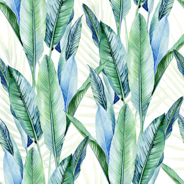 Watercolor bright tropical seamless pattern for fabric. Hawaii seamless pattern for home decor, textile. Tropical greenery, palm leaves repeat pattern