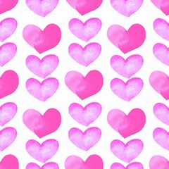 Seamless pattern with pink hearts. Background for cards, invitations for anniversary, wedding, baby shower. Watercolor hand drawingillustration