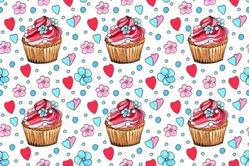 Seamless pattern, sweet cupcake. Watercolor hand painted illustration. Background for invitation, greeting card, template