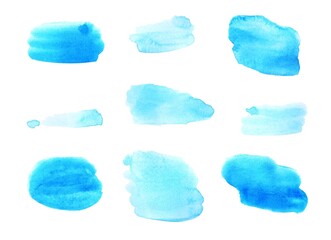 Set of blue Watercolor splashes. Abstract backgrounds. Hand painted illustration. Design element for template, greeting card, invitations