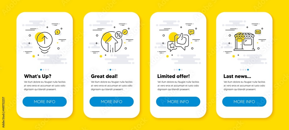 Poster vector set of loan percent, swipe up and like line icons set. ui phone app screens with line icons. 