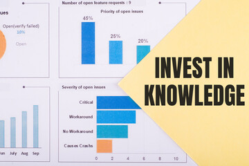 The word INVEST IN KNOWLEDGE is written on a yellow background with charts and graphs.