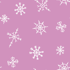 Doodle white snowflakes seamless pattern for wrapping paper, textile, print. Christmas, New Year holidays sketch repeat.