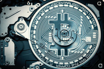 mining bitcoins, disassembled hard drive. mining of cryptocurrencies
