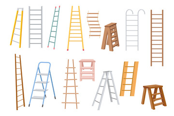 Set of Step Ladders, Metal, Wooden and Suspended and Rope Stairways for Renovation Works Isolated on White Background © Anna Syvak