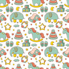 Hand drawn seamless pattern with baby colorful toys and accessories