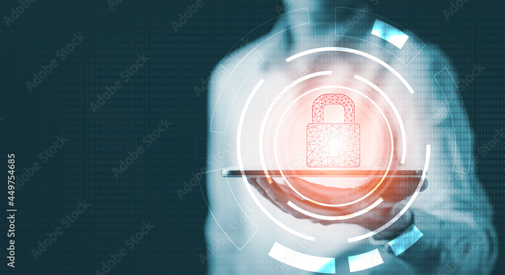 Poster businessman hacker hold smart phone and touching in graph screen code of a media screen on the white