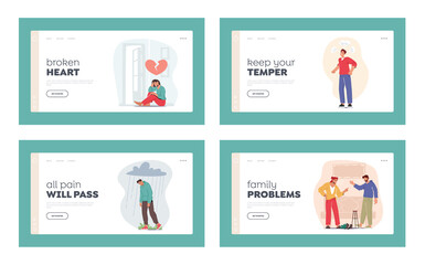 Fototapeta premium Negative Emotions Landing Page Template Set. Depression, Broken Heart, Anger and Family Quarrel. Bad Feelings, Sorrow