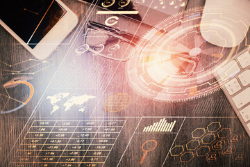 Multi exposure of technology theme drawing over work table desktop. Top view. Global data analysis concept.