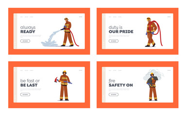 Firemen Team Fighting with Blaze Landing Page Template Set Fire Fighters Male Characters in Uniform Holding Buckets