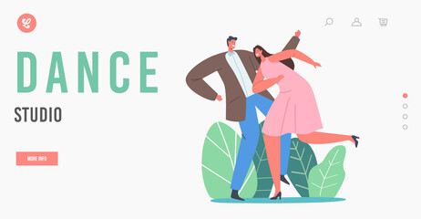 Dance Studio Landing Page Template. Young Couple Dancing Sparetime. People Active Lifestyle, Man and Woman Disco Dance