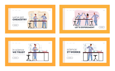 Chemistry Science Research Landing Page Template. Scientists Characters in Chemical Laboratory with Equipment and Flasks