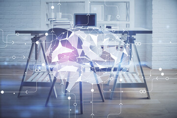 Multi exposure of brain drawing and office interior background. Concept of data technology.
