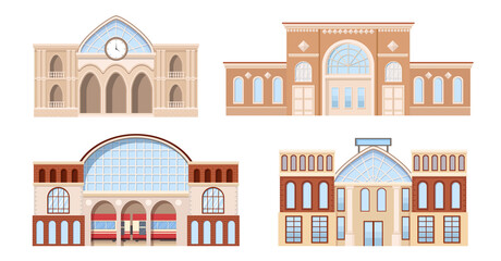 Obraz premium Set of Railway Stations Building Facade Modern Design with Train on Platform, Digital Schedule Display on Roof and Clock