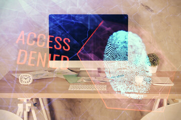 Double exposure of finger print and office interior background. Concept of security.