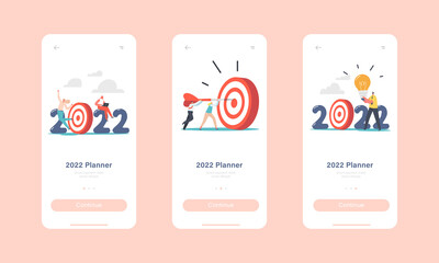 2022 New Year Goal Achievement Mobile App Page Onboard Screen Template. Business Characters Throw Darts to Target