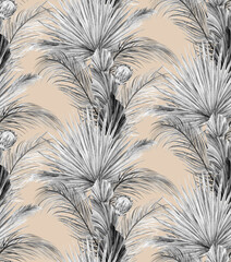 black and white watercolor seamless monochrome pattern with dry palm leaves of tropical palms and protea flower on beige backdrop for textiles, wallpaper and wrapping paper