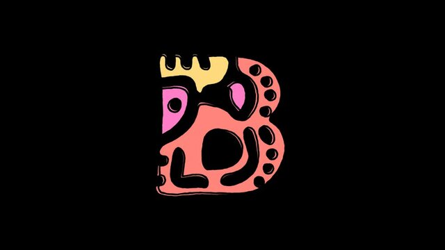Letter B. 4K video. Alpha channel, transparent background. Abstract pattern on letter. 3 colors. Curved lines. Cartoon Animation. Capital Letter B for title comics, grunge cartoons, game, ABC.