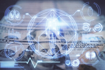 Double exposure of education theme drawing over usa dollars bill background. Concept of study.