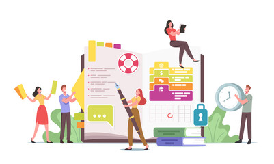 Personal Organizer Concept. Tiny Characters at Huge Diary Writing Note, Planning Deals, Filling To Do List, Put Stickers