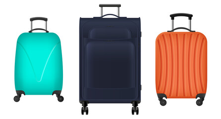 Set of realistic travel bags, plastic suitcases for luggage on wheels for airport flight, vacation