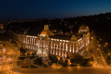 Hungary - Budapest landscape with Gellert Hotel from drone view at night