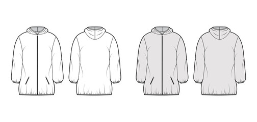 Down puffer coat jacket technical fashion illustration with hoody collar, zip-up closure, boxy fit, thigh length. Flat template front, back, white, grey color style. Women, men, unisex top CAD mockup © Vectoressa