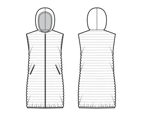 Down vest puffer waistcoat technical fashion illustration with sleeveless, hoody collar, pockets, loose fit, thigh length, narrow quilting. Flat template front, back, white color style. Women, mockup