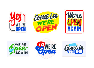 Set of Icons, Stickers or Banner We're Open Concept, Sign for Store, Shop Door or Business Company Service, Information