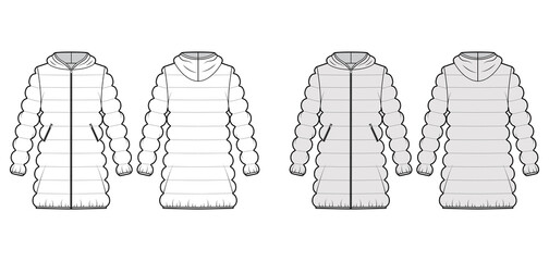 Hooded jacket Down puffer coat technical fashion illustration with zip-up closure, thigh length, classic quilting. Flat template front, back, white, grey color style. Women, men, unisex top CAD mockup © Vectoressa