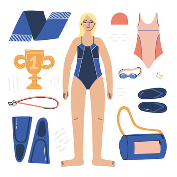 Synchronized swimming equipment guide. Isolated flat vector illustration with woman in swimsuit and necessary equipment such as goggles, nose clip, swimming slipper etc. Artistic swimming concept