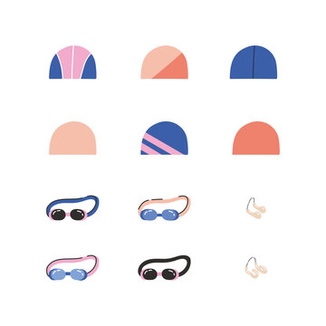 Equipment for synchronized swimming. Isolated flat vector illustration with a set of necessary equipment such as goggles, nose clip and swimming cap. Artistic swimming concept.