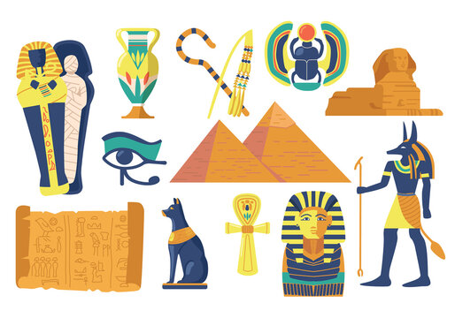 Set of Ancient Egypt Religious Symbols and Landmarks. Sphinx, Scarab and Mummy, Eye of Providence, Egyptian Pyramids