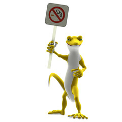 3D-illustration of a cute and funny cartoon gecko holding a sign. isolated rendering object