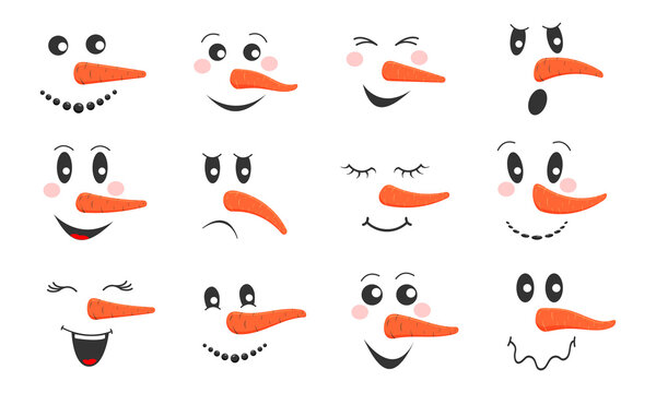 Funny snowmen faces set. Collection of cute snowman heads with different emotions and carrot noses. Winter holidays design. Vector cartoon illustration.
