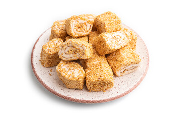 Traditional turkish delight (rahat lokum) isolated on white background. side view