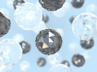 3D rendering of geometric shapes on a light grey background with reflecting light. Illustration of clear and dark particles, atomic elements, or chemical connections. Visualization for flowing shapes