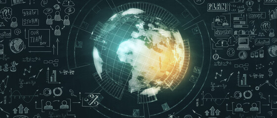 Obraz premium Creative business sketch and globe hologram on chalkboard wall background. Success, network and brainstorm concept. 3D Rendering.