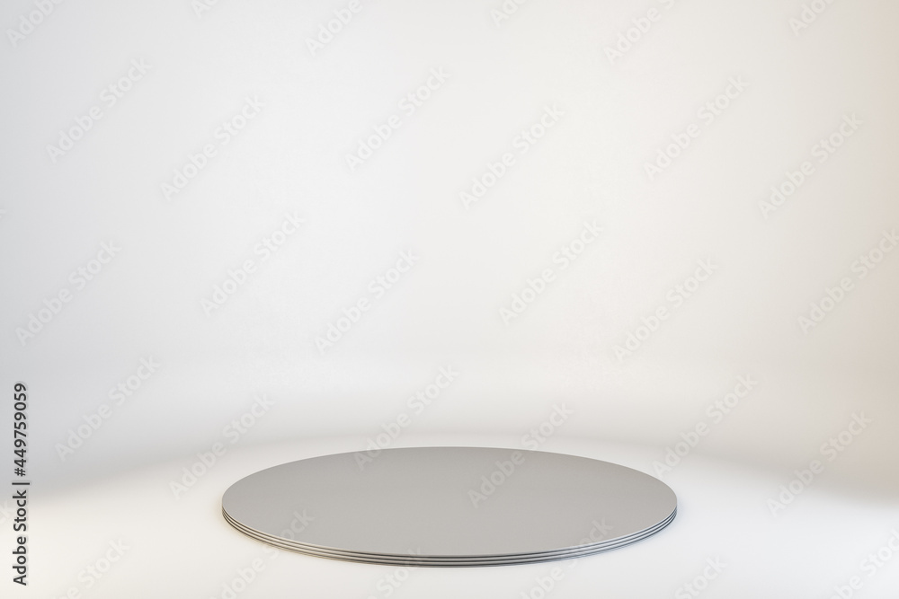 Poster empty round podium on white concrete background. gallery exhibition concept. mock up, 3d rendering.
