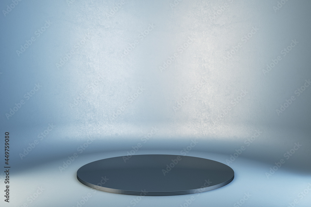 Poster Empty round display on grey concrete background. Gallery exhibition concept. Mock up, 3D Rendering.