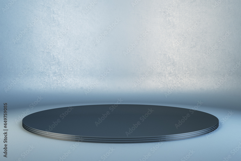 Poster blank round display on grey concrete background. gallery exhibition concept. mock up, 3d rendering.