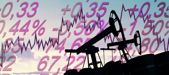 Oil price crisis background. Falling market concept with backlit pumps and numbers. 3D Rendering.